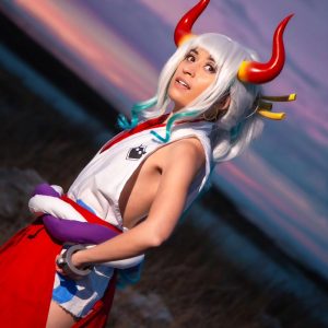 Photo of cosplayer wearing Yamato hair piece, earrings, and kimono decal by Ugami Cosplay