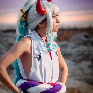 Photo of cosplayer wearing Yamato hair piece, earrings, and kimono decal by Ugami Cosplay
